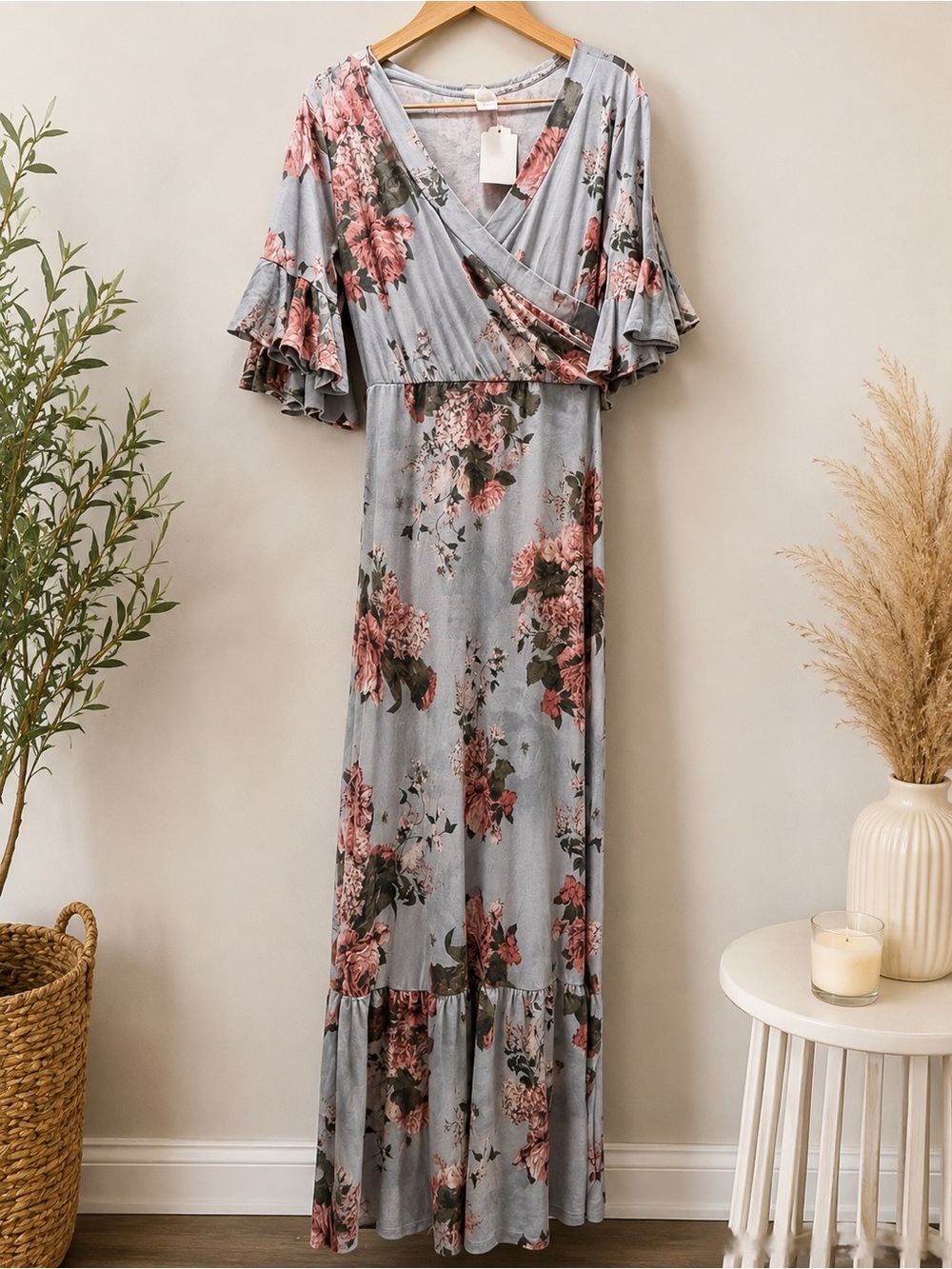Floral Maxi Wrap Dress in Light Blue with Rose Print